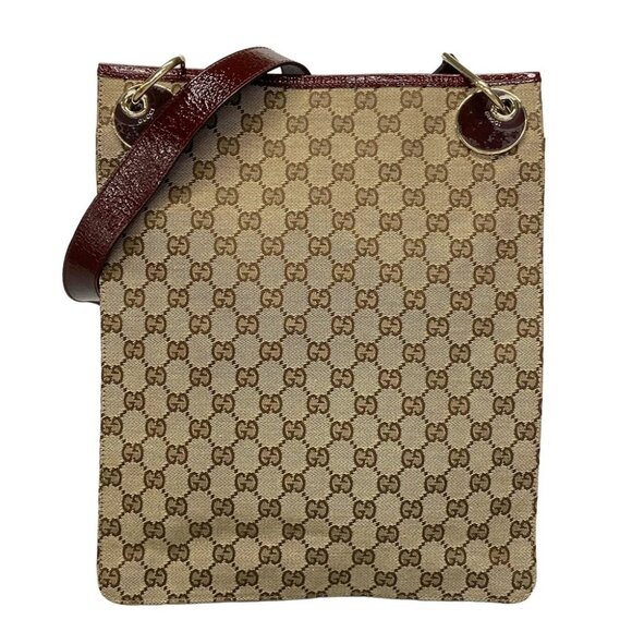 Auth GUCCI Eclipse/GG 120842 Beige Bordeaux Jacquard Leather Shoulder Bag - Picture 1 of 13